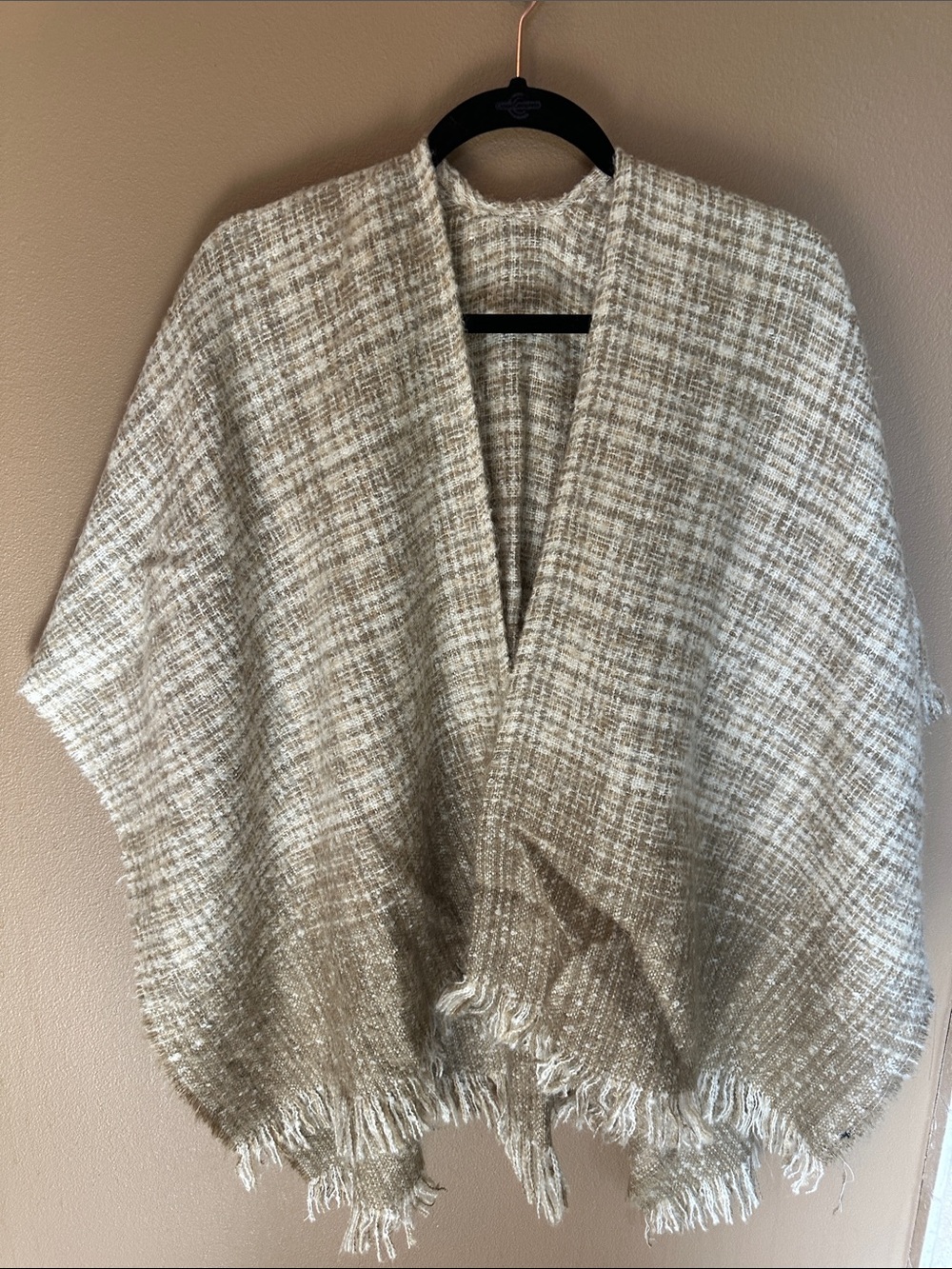 Neutral Bouclé Open-Front Poncho Sweater in Beige & Cream